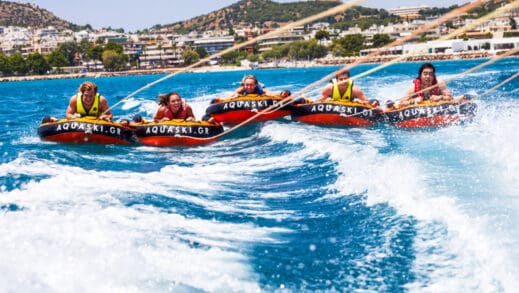 Students tubing in the ocean in Greece.