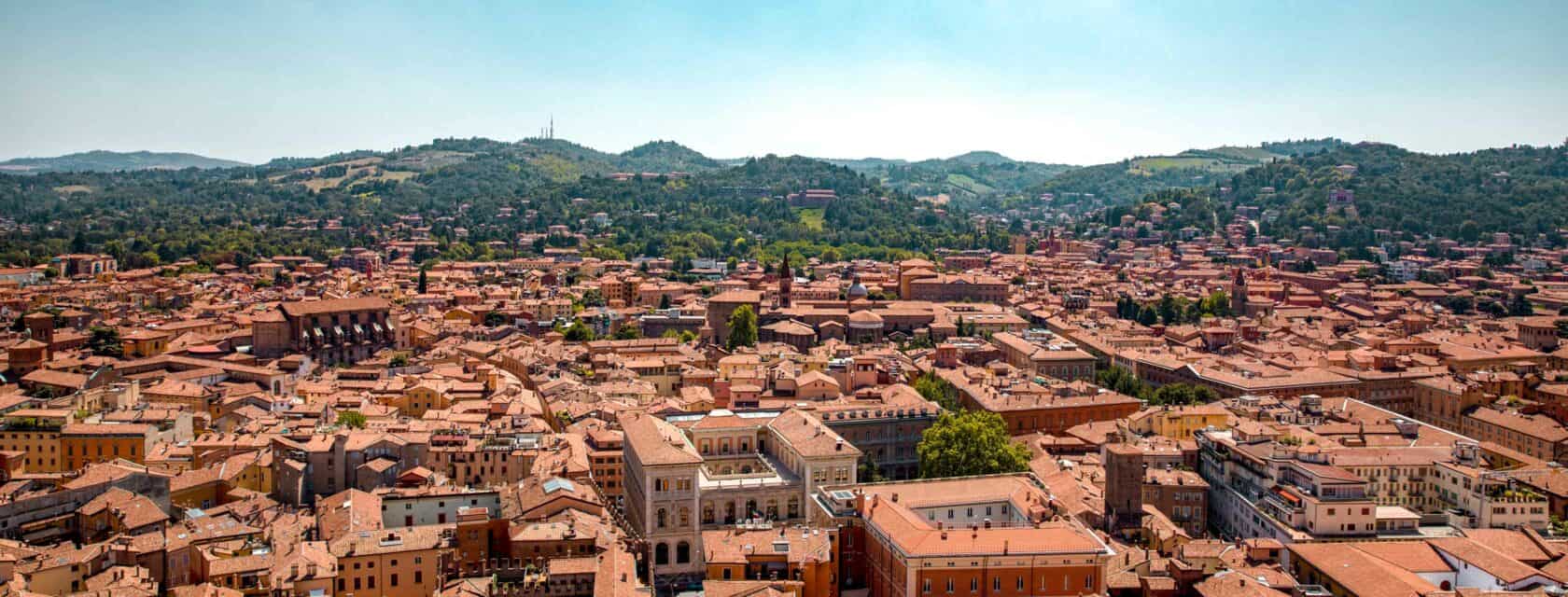 An aerial view of the city of Bologna.