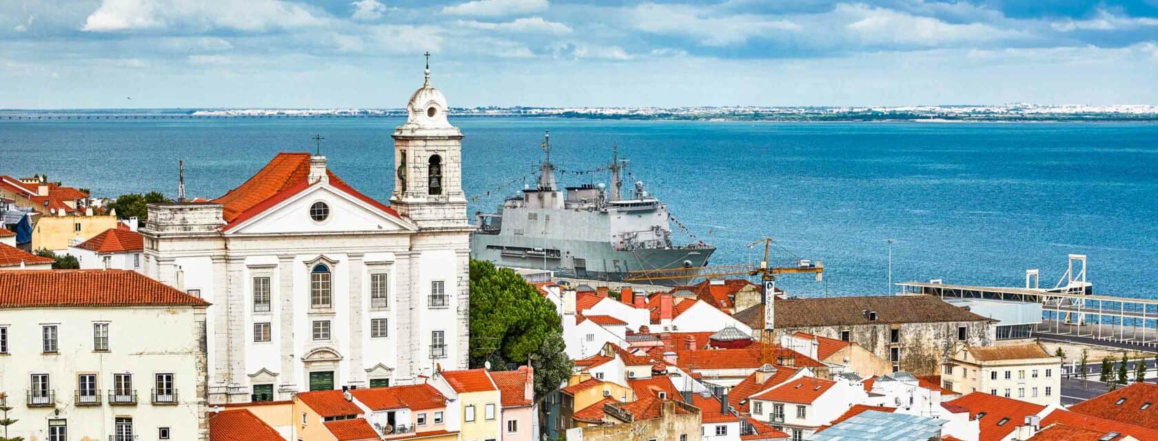 A view of the city of Lisbon facing out over the ocean.
