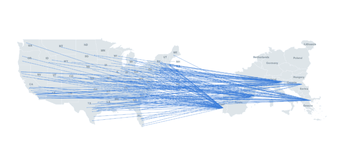 A chart showing the connection points between Atlantis and the cities of Europe with shadowing programs.