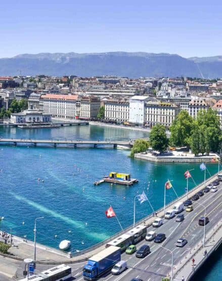 An aerial view of the city of Geneva.