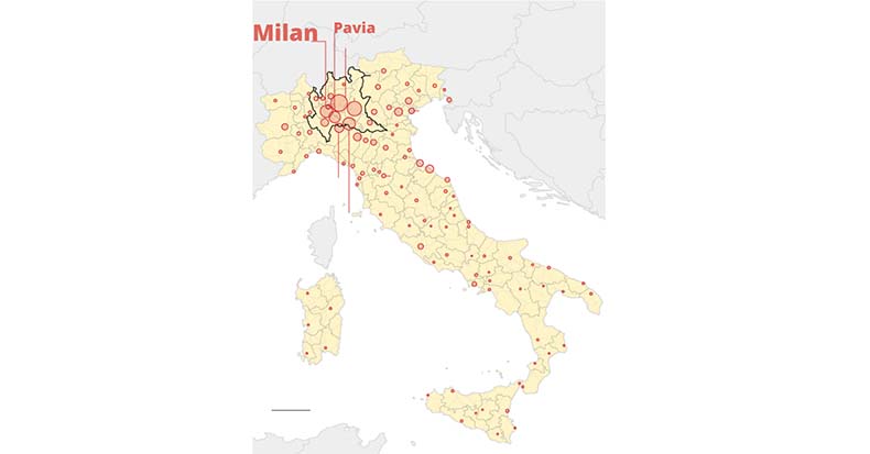 Map of Pavia, Italy, near Milan, showing the original epicenter of the pandemic in Europe, before it spread to the rest of Europe and the U.S.