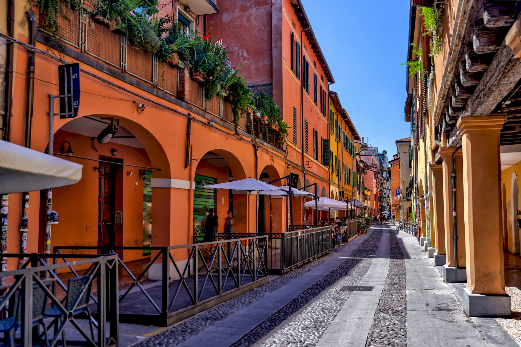 Building facades and medieval architecture along the streets in Bologna, Italy (an Atlantis site).