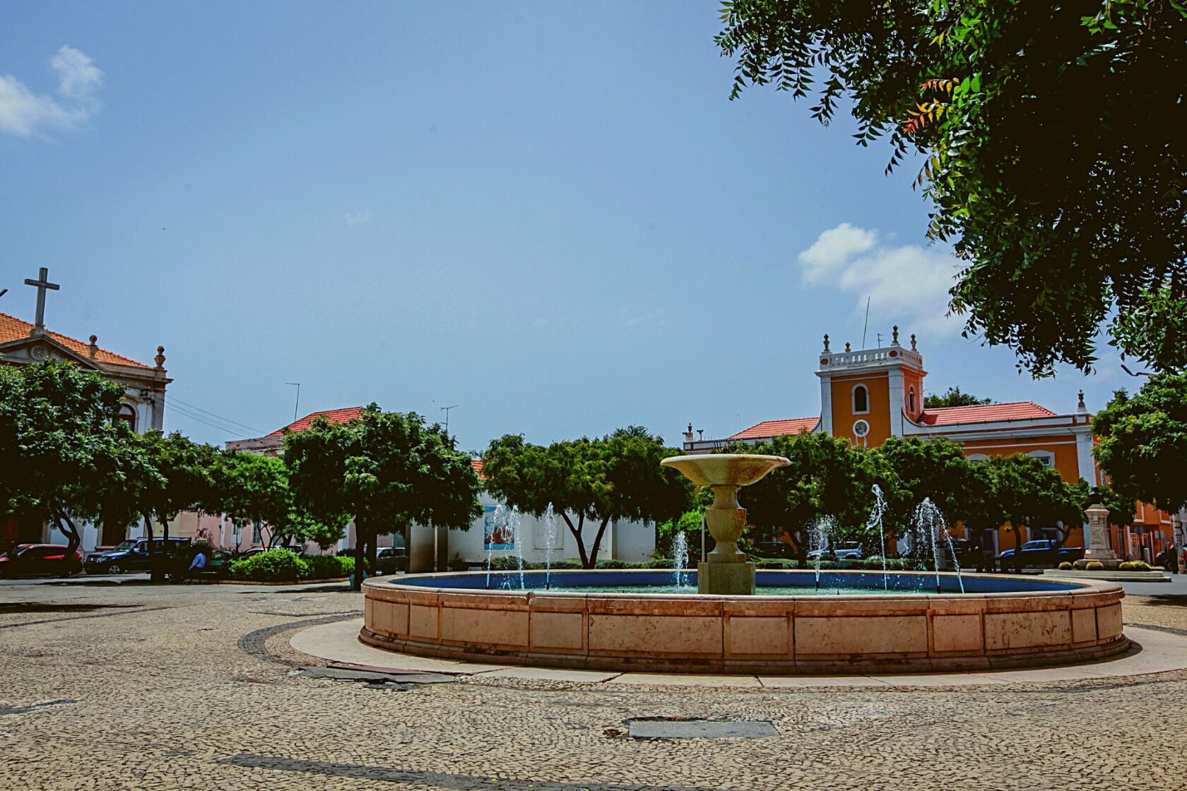 A view of buildings and a fountain in Praia on Cape Verde (an Atlantis site).