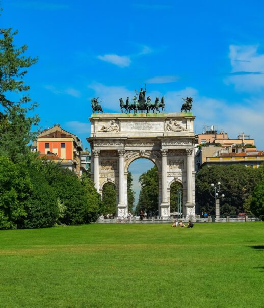 An arch at the far end of a park in Milan, Italy (an Atlantis site).
