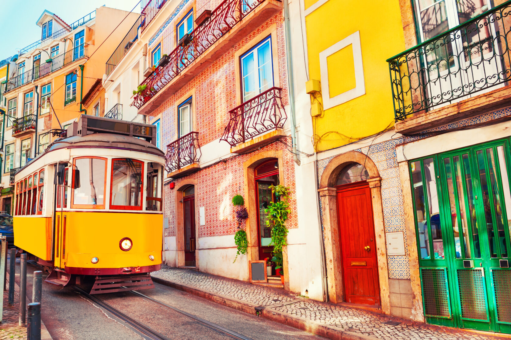 A street view with a vintage tram in Lisbon, Portugal (an Atlantis site).