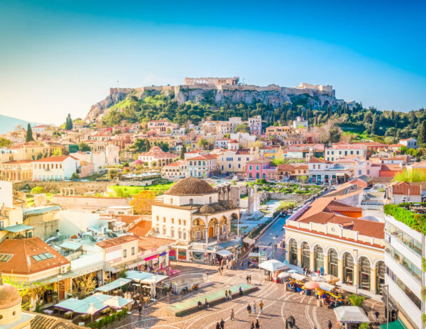 Skyline with Moanstiraki square and Acropolis hill in Athens, Greece (an Atlantis site)