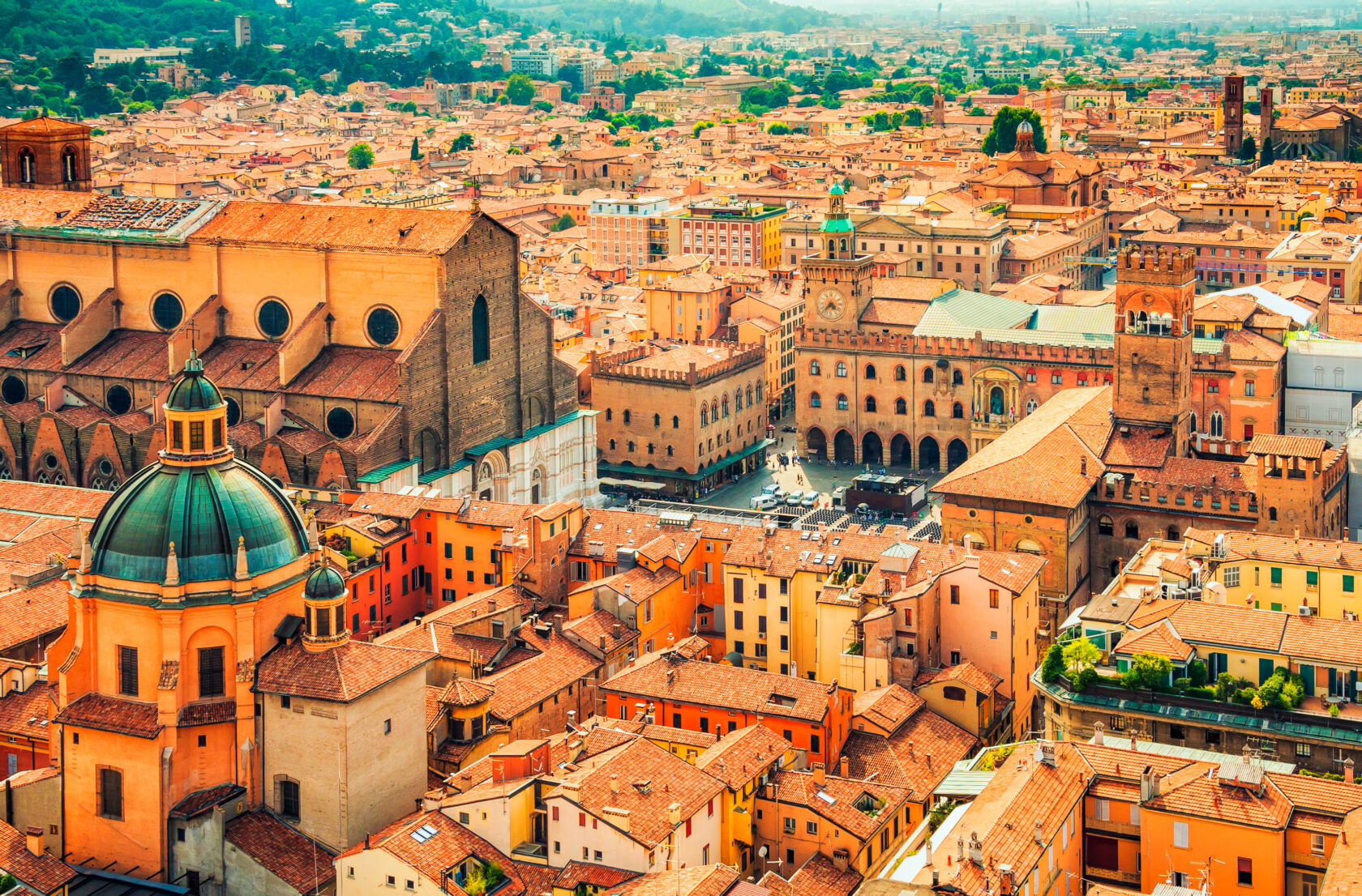 View of Piazza Maggiore square and San Petronio church in the city of Bologna, Italy (an Atlantis site).