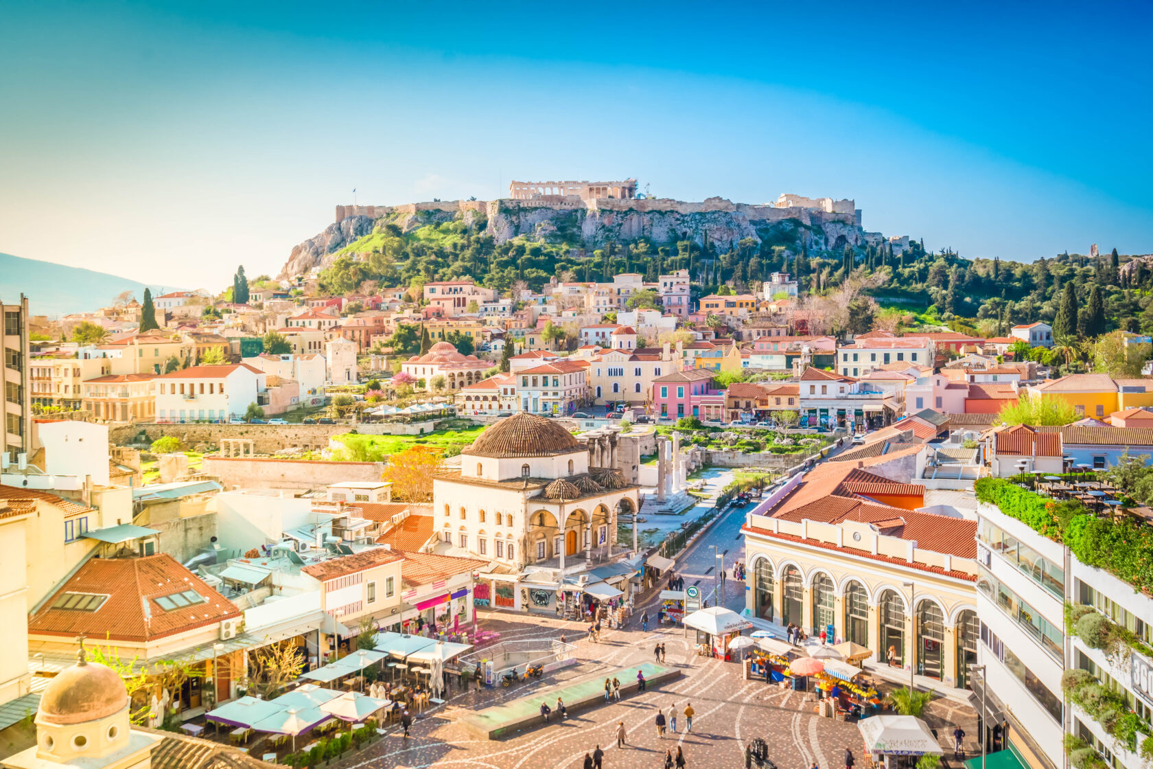 Skyline with Moanstiraki square and Acropolis hill in Athens, Greece (an Atlantis site)