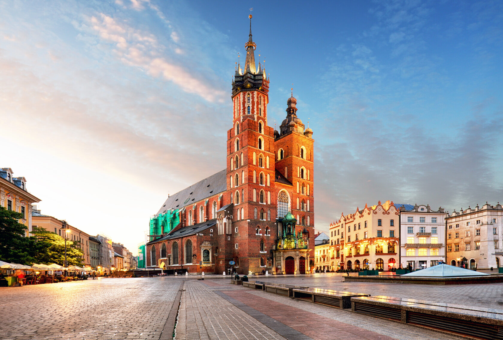 Old city center view with view of St. Mary's Basilica in Krakow, Poland (an Atlantis site).