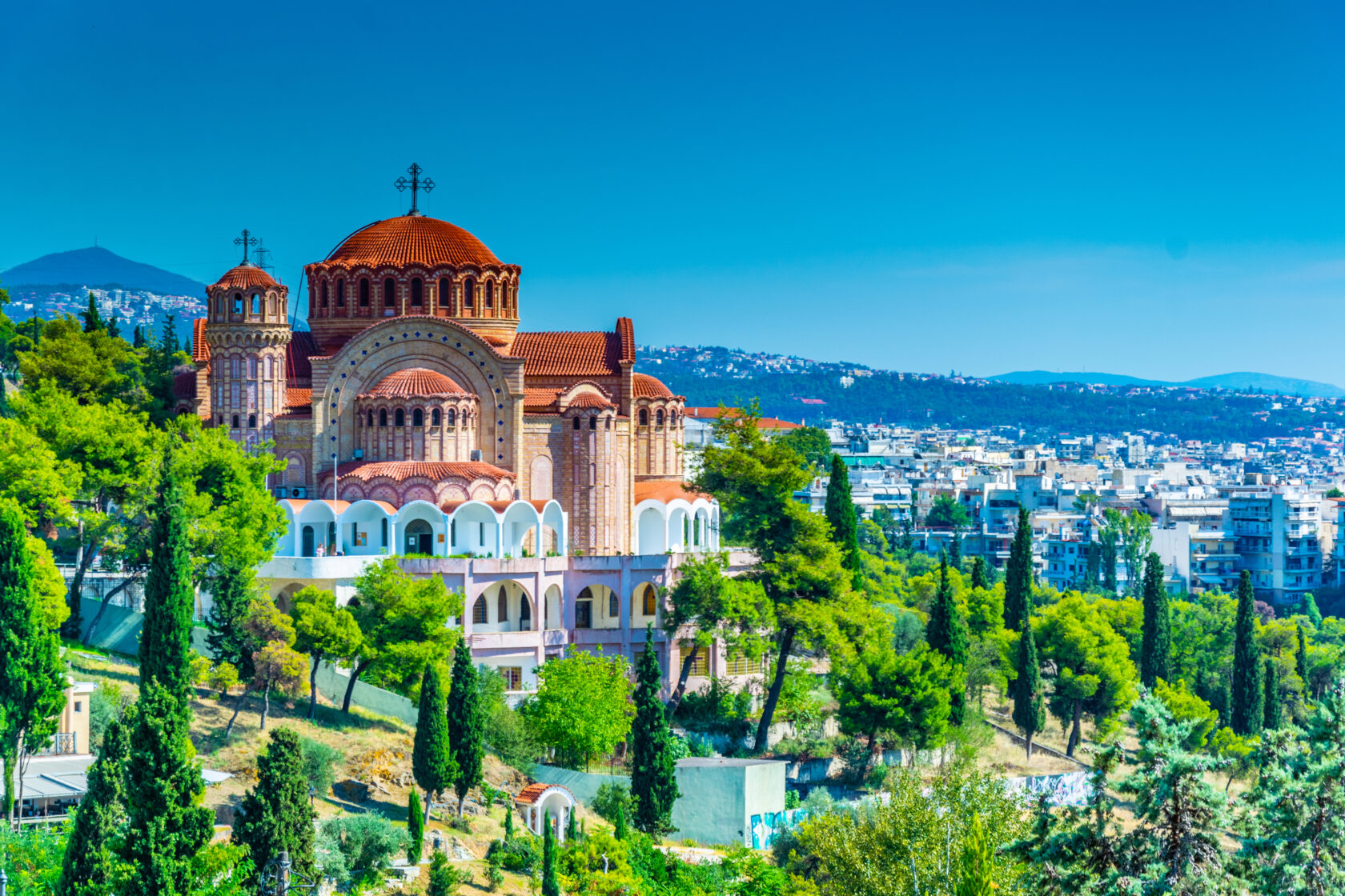 A view of a cathedral in Thessaloniki, Greece.