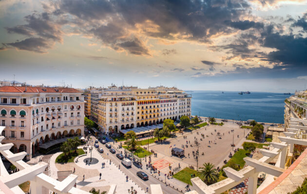 A view of the sea and Aristotelous Square in Thessaloniki, Greece.